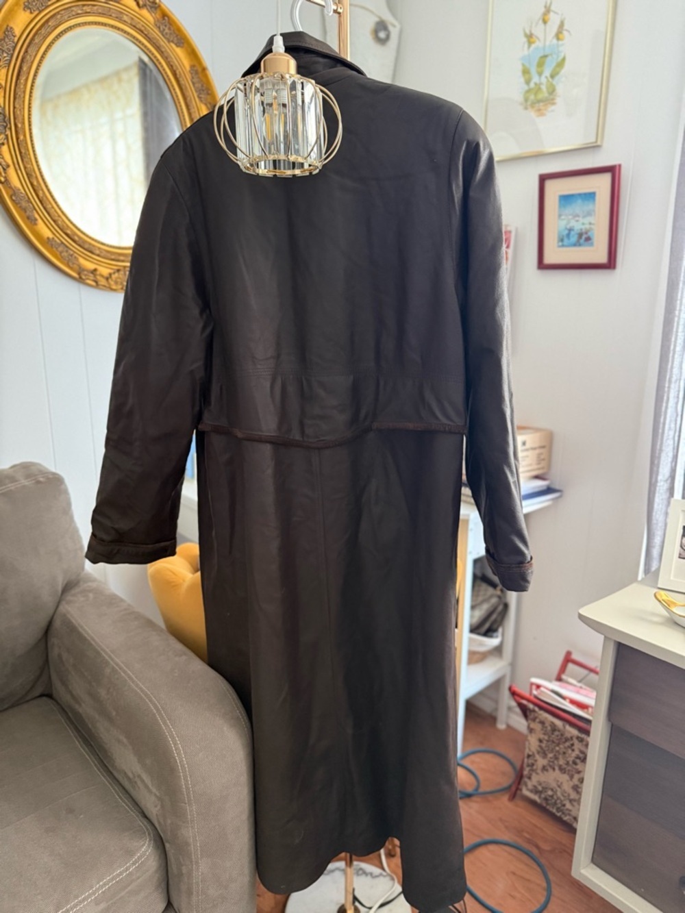 Vintage 90s Chocolate Brown Leather Suede Trim Long Trench Duster Grunge Matrix - Picture 7 of 8